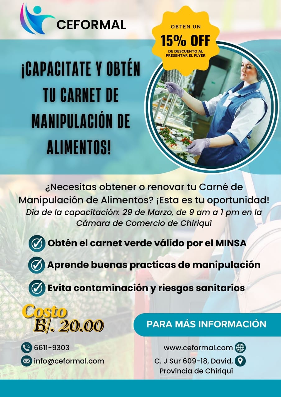 Capacitación para obtener el Carné de Manipulación de Alimentos 29 de marzo en la Cámara de Comercio de Chiriquí