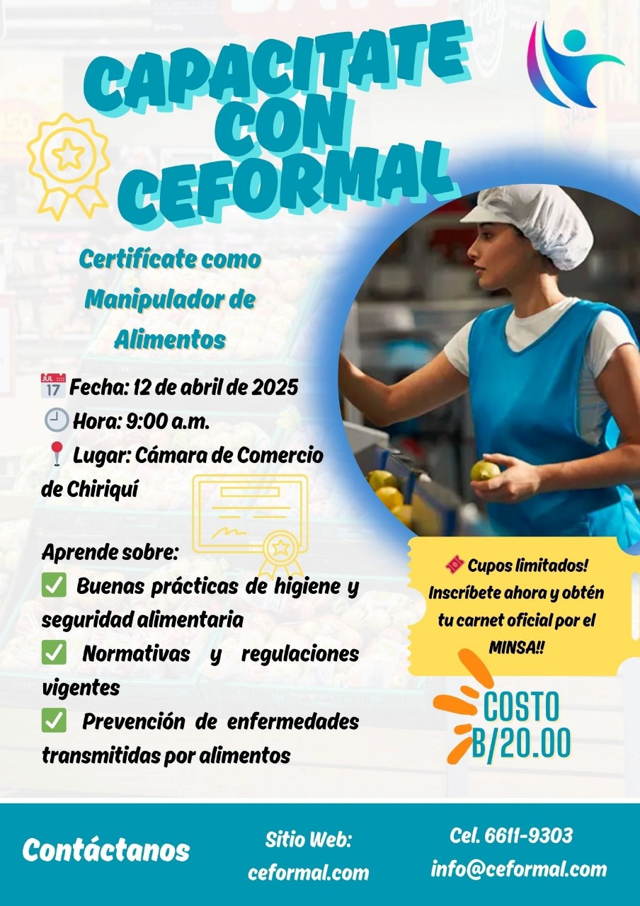 Certifícate como Manipulador de Alimentos 12 de abril en la Cámara de Comercio de Chiriquí